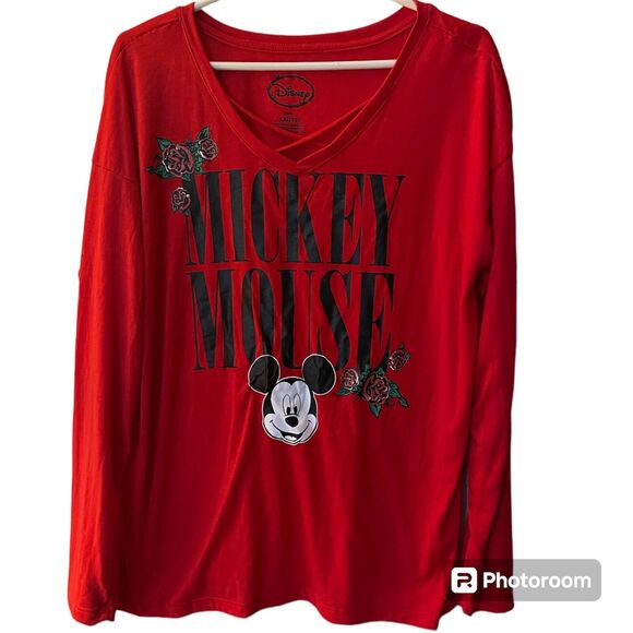 Disney Mickey Mouse Shirt Womens Size 2X XXL Red Roses Long Sleeve Plus Size - Picture 1 of 9